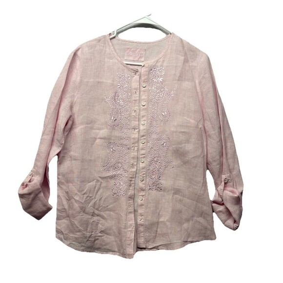 Gorsuch Linen SZ 38 EU 8 US Striped Button Front Shirt Collared Embroidered Pink - Picture 1 of 5